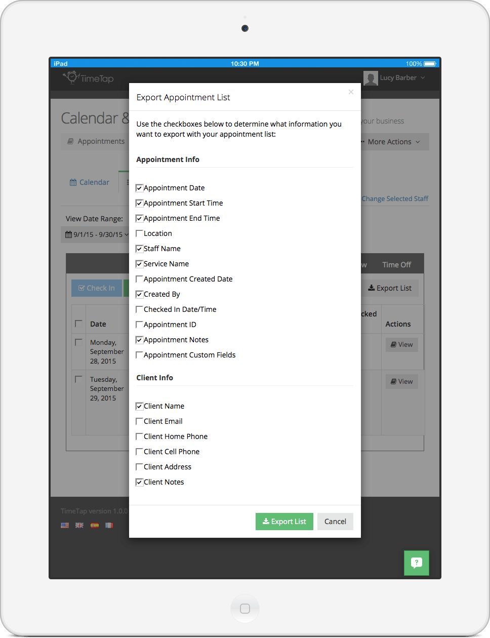 Export appointment tracking spreadsheet to Excel